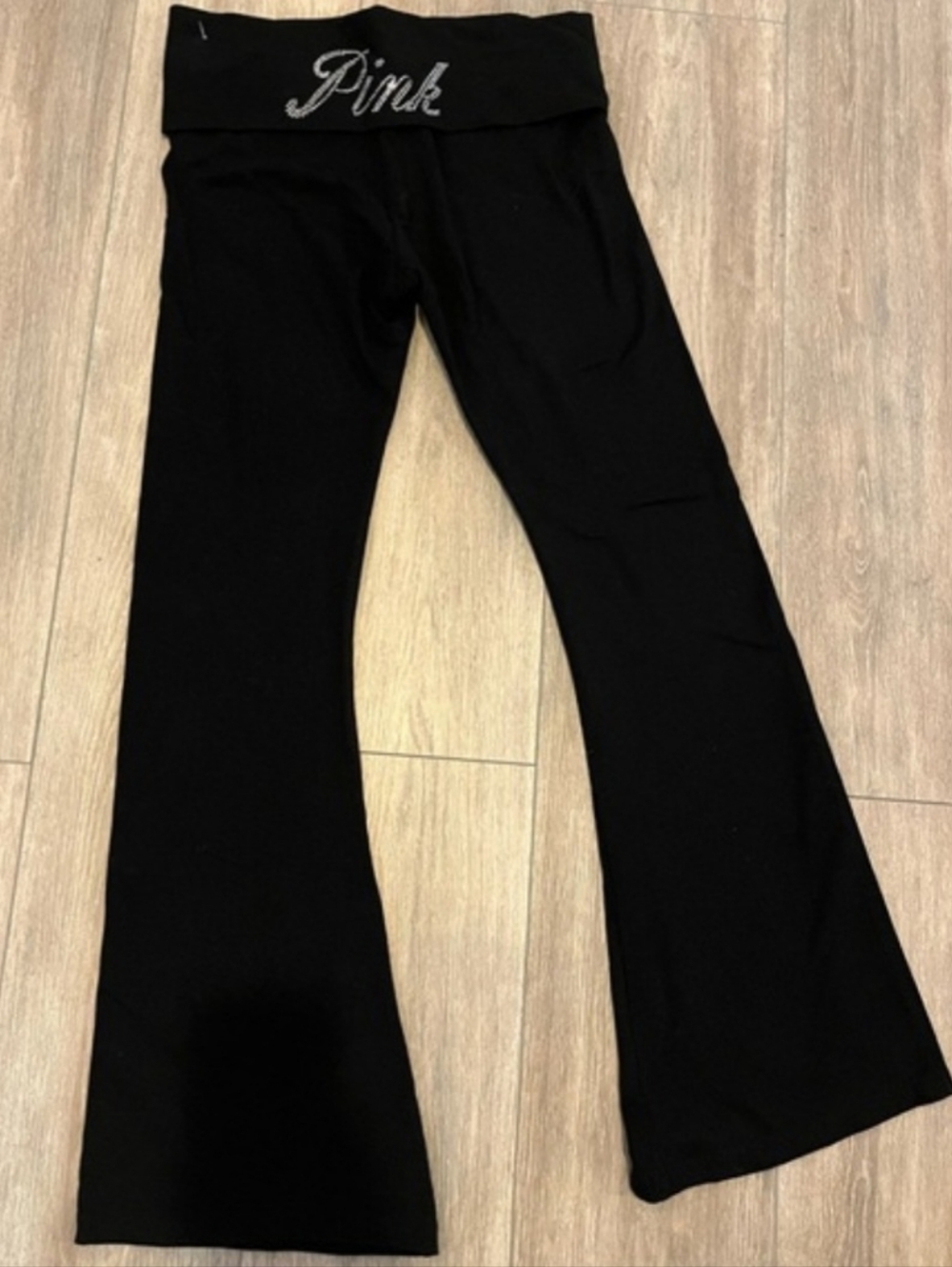 VICTORIA'S SECRET Black Fold-Over Waist Flare Yoga Pants W/ Bling Logo